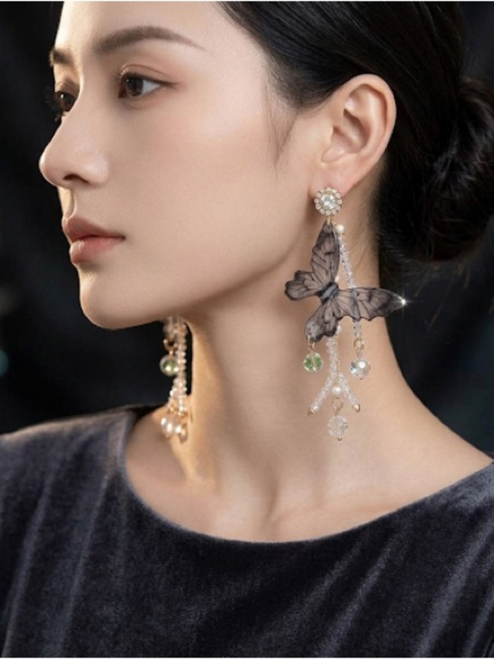 Butterfly Drop Earrings with Crystal Tassels - Gray Butterfly
